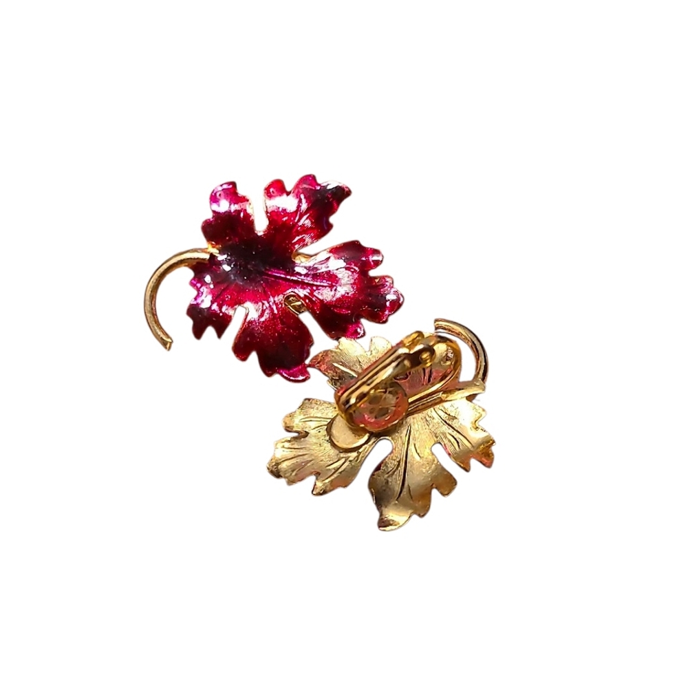 EnameledVintage Red Leaf  Clip-On Earrings, Gold Toned